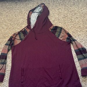 Maurices Burgundy Plaid Sleeve Hoodie